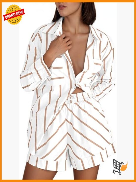 Other - Striped 2 Piece Lounge Set Button Down Shirt and Shorts Pajama Set